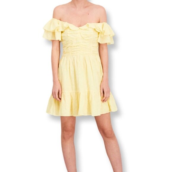 AQUA NWT Yellow Eyelet Mini Off Shoulder Dress Size XL Cottagecore Prairie Boho - Picture 1 of 13